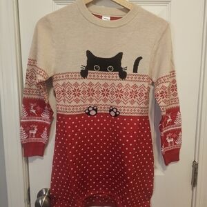 New Girls Christmas Red and Cream Cat Pattern Sweater Dress